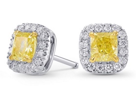 Leibish Fancy Yellow Cushion Diamond Halo Earrings